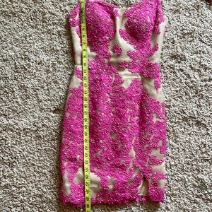 Jovani nude lined cocktail hot pink detail and sequins. Size 4 altered to a 2